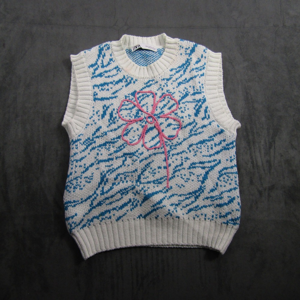 Zara Knit Sweater Vest Women Small White Blue Abstract Floral Sleeveless Top